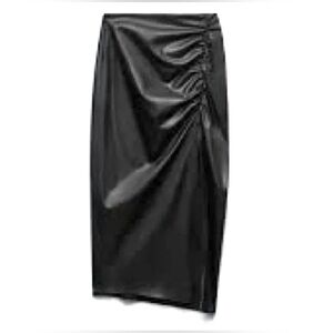 Zara Black Faux Leather Draped Midi Skirt